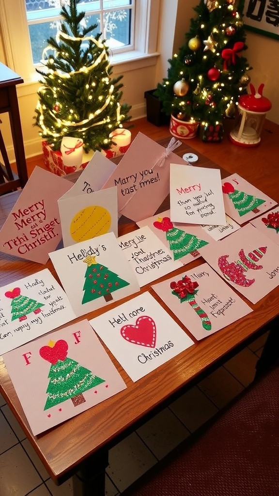 A collection of colorful homemade Christmas cards on a wooden table with festive decorations.